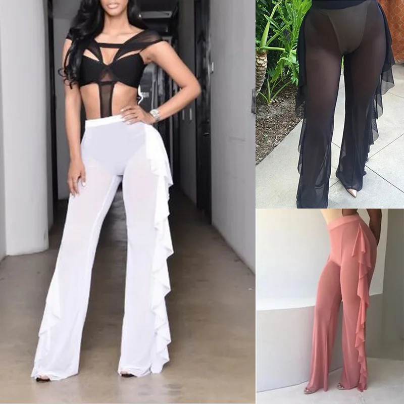 Women's Beach Mesh Sheer Bikini Cover Up Swimwear Transparent Long Pant Trousers