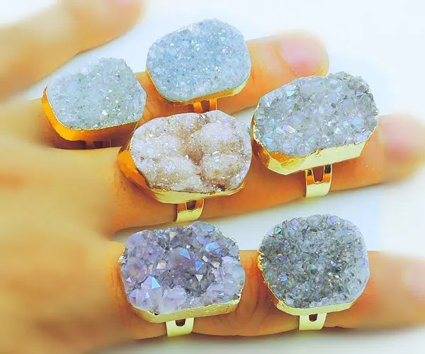 

Titanium AB Color Agate Geode Druzy Oval Ring Gold Inlayed Adjustable 25-30mm Long