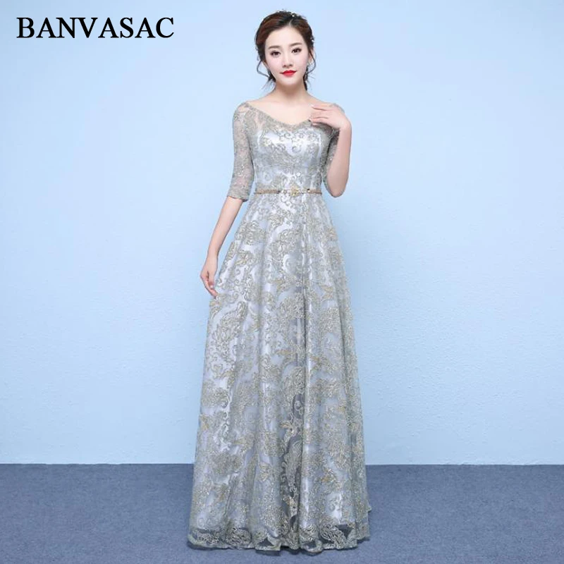 

BANVASAC 2018 V Neck Sequined Embroidery A Line Long Evening Dresses Lace Half Sleeve Party Crystal Sash Prom Gowns