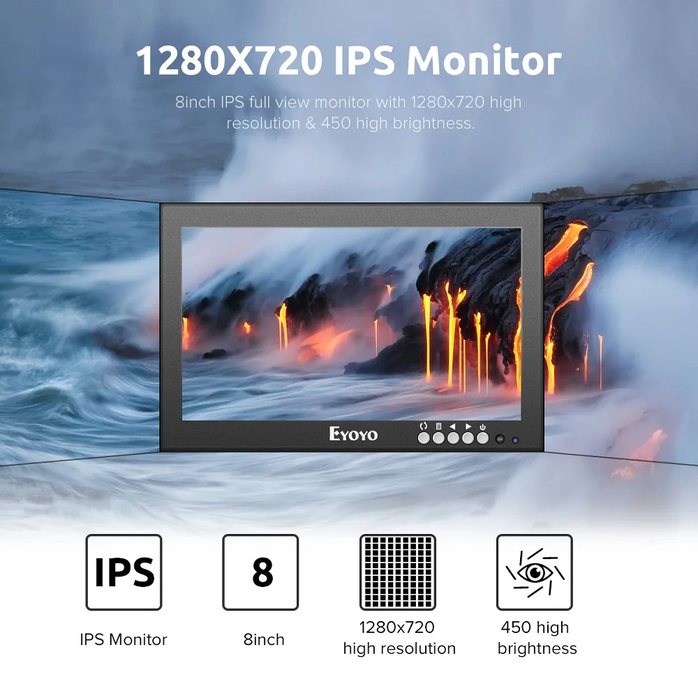 Eyoyo EM08G 8 Inch HDMI Small Monitor 1280X720 IPS Display Computer PC LCD Screen with VGA AV BNC for PC TV CCTV Camera Security