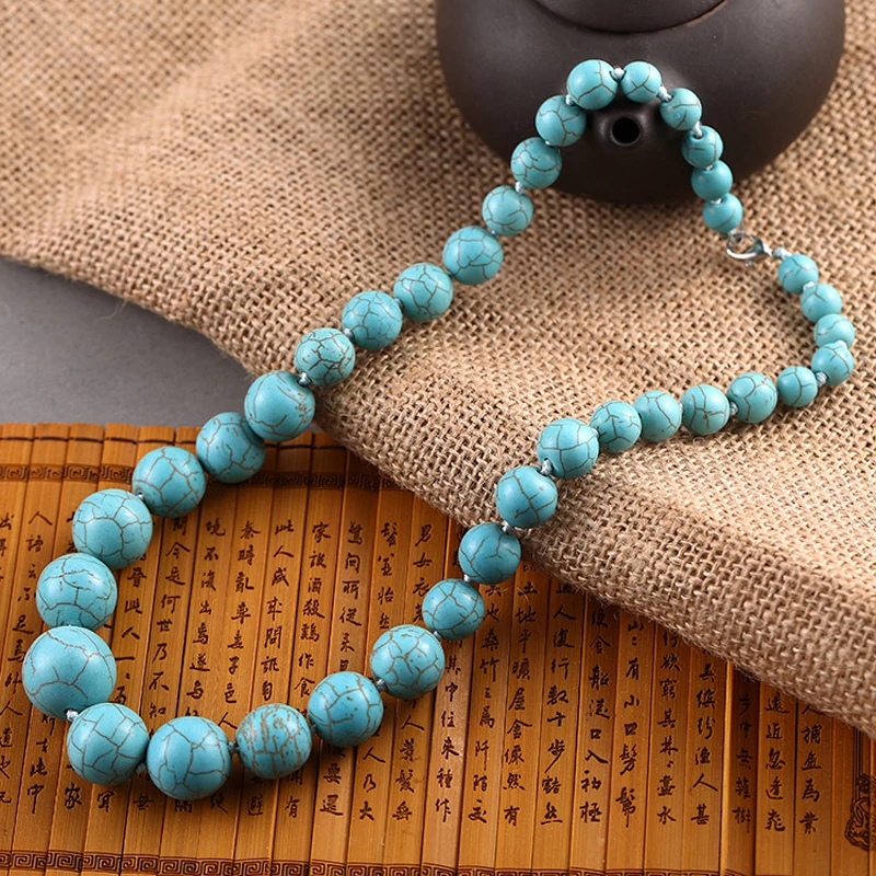 Fashion Personality Red Turquoises Chain Necklaces Big Small Round Stone Beaded Necklace for Women Statement Choker Jewelry