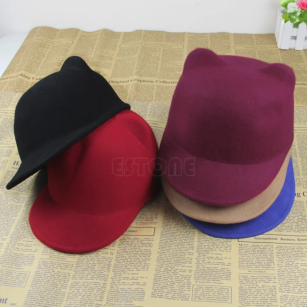 Hot Sale Winter Fashion Women Devil Hat Cute Kitty Cat Ears Wool Derby Bowler Cap