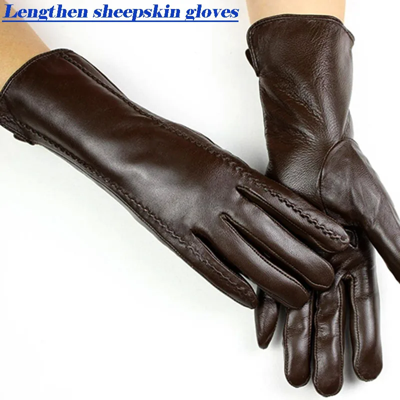 Sheepskin Gloves Women\'s Mid-Length Striped Style Velvet Lining Autumn and Winter Warmth Ladies Brown Leather Finger Gloves