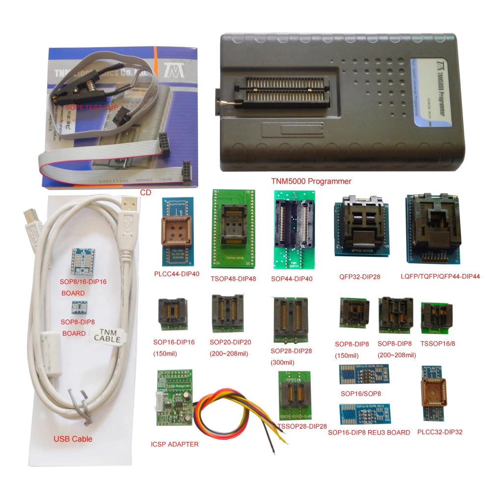 2024 New TNM5000 USB EPROM Programmer+18pc sockets+IC Clip for NAND flash/EPROM/MCU/PLD/FPGA/ISP/JTAG,Support K9GAG08U0E