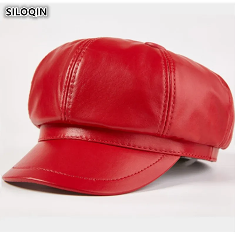 SILOQIN Elegant Lady Genuine Leather Hats Women's Sheepskin Leather Newsboy Caps New Autumn Simple Fashion Young Women Trend Cap