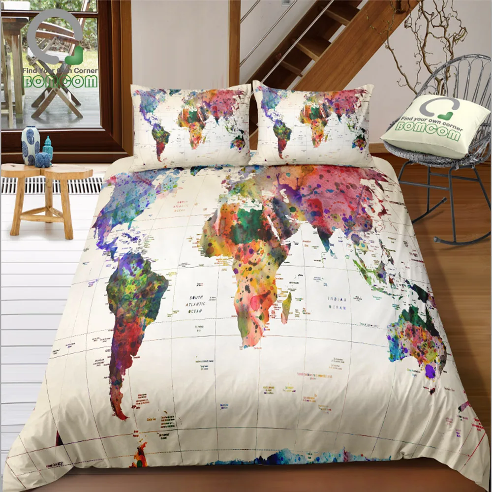 

BOMCOM 3D Digital Printing map print Duvet cover set watercolor world map Bedding Set 100% Microfiber