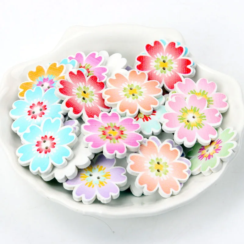 Wooden Scrapbooking Sewing Apparel Accessory Decoration Mixed Flower Painted Buttons Decorative Buttons DIY Crafts 20pcs 20-25mm