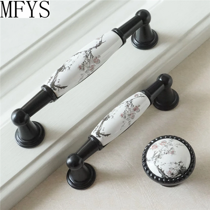 MFYS Chinese Ink and Wash Ceramic Cabinet Handles Drawer Round Door Knobs Wardrobe Pulls Furniture Hardware Kitchen Accessories