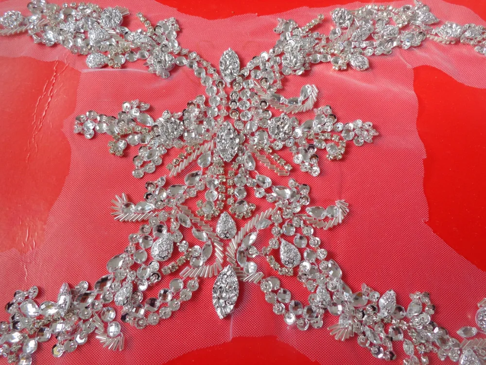 handmade sew on silver rhinestones  applique  crystals trim patches 45*28cm for  dress DIY  accessories