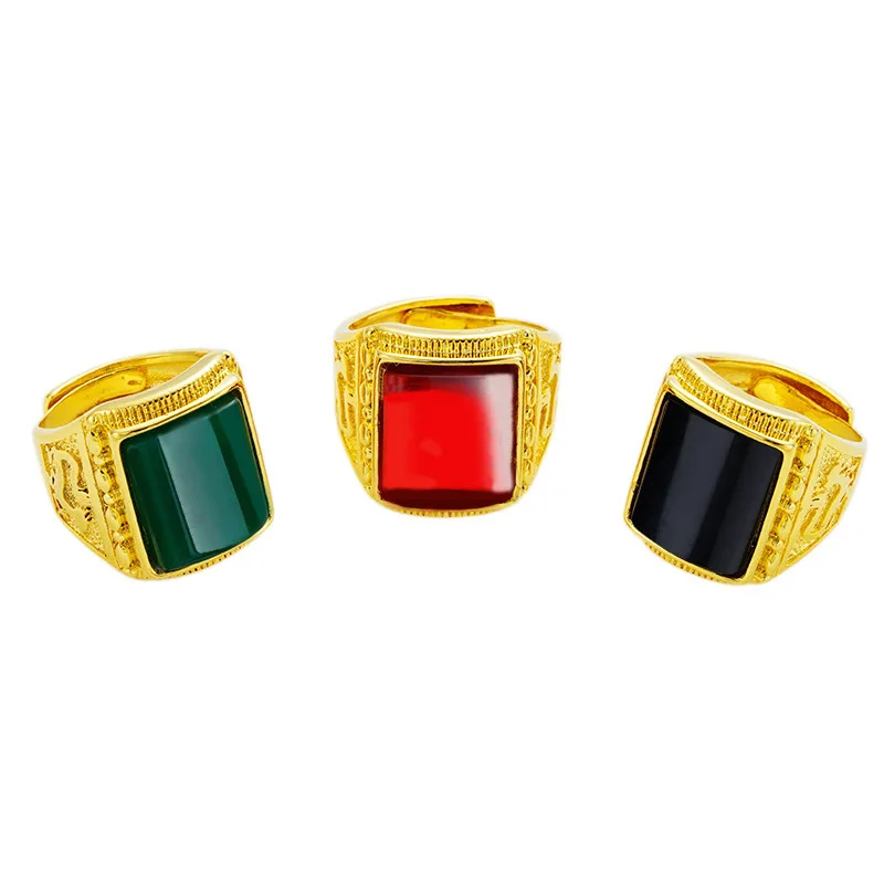 OMHXFC Wholesale European Fashion Man Male Party Birthday Wedding Gift Black Red Green Square Agate 24KT Real Gold Ring RI120