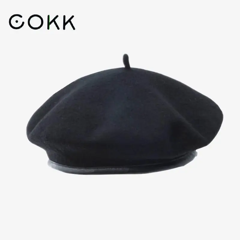 

COKK Wool Beret Autumn Winter Hats For Women Solid Color Flat Painter Cap Woolen Beret With Pu Leather Boina Feminina Beanie Hat