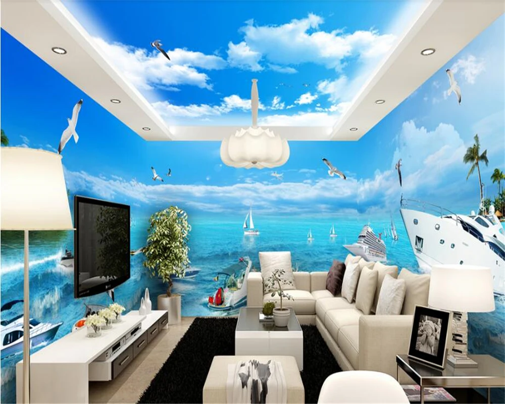 

beibehang wall paper Blue sky white clouds ocean vacation theme space full house fashion thick personalized wallpaper background