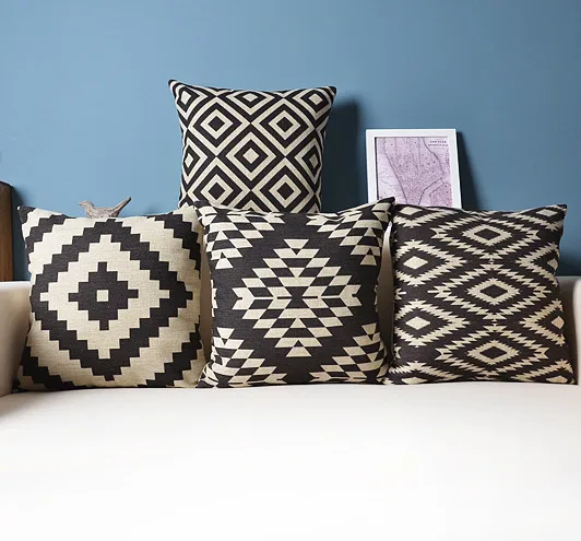 Home Decor Black Geometric Cushion (No Filling ) Linen Cotton Pillow Decorative Cushion Sofa Pillowsham  45x45cm