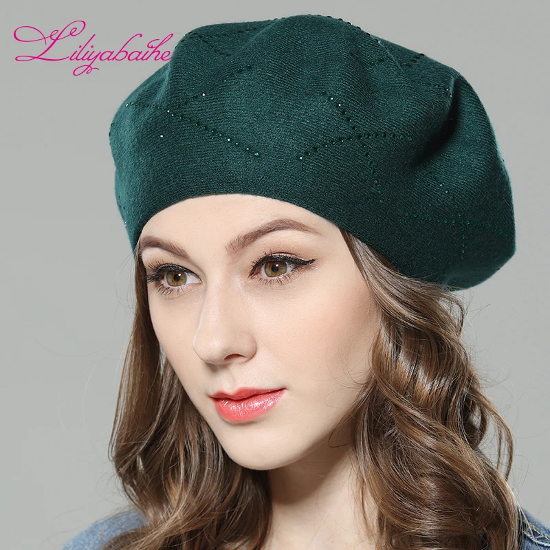 

Liliyabaihe New women's winter hat Wool knit berets, caps with Cross diamond decoration solid colors fashion lady hat