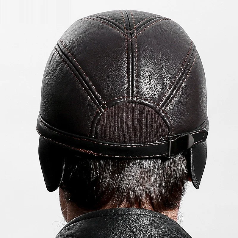 Youn Man Cowskin Genuine Leather Hat Adult Baseball Caps Men\'s Warm Earflap Hat Flat Eearprotection Casual Hat B-7220