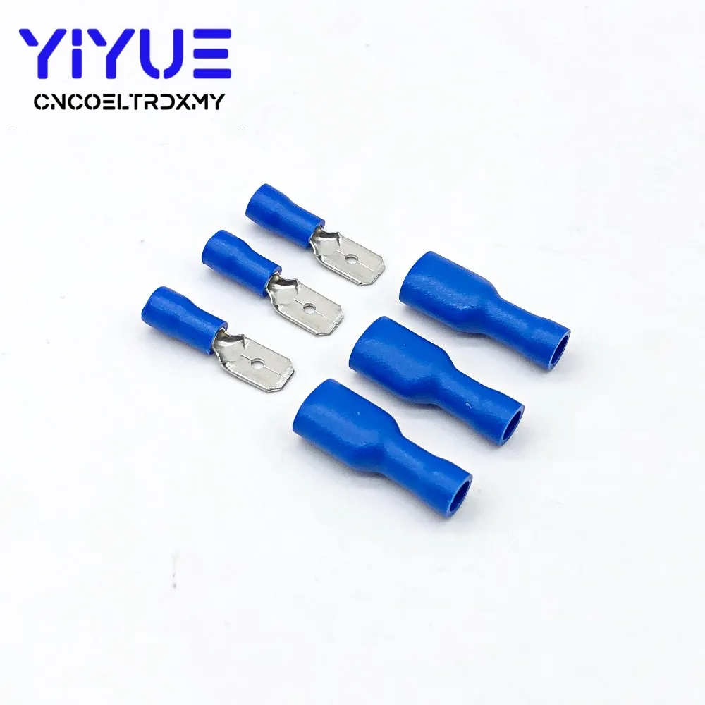 100Pcs/50Pairs 6.3mm 16-14AWG Female Male Electrical Wiring Connector Insulated Crimp Terminal Spade Blue FDFD2-250 MDD2-250