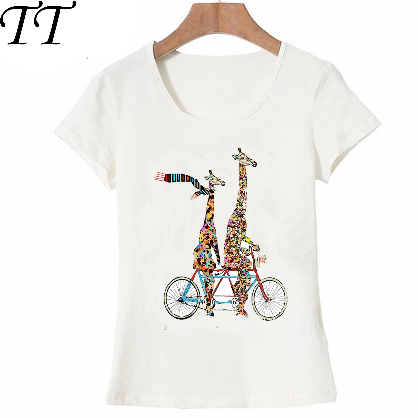 New animal cartoon summer Women t-shirt the giraffes love to venture out on the tandem bicycle T-Shirt maiden Tops ladies Tees