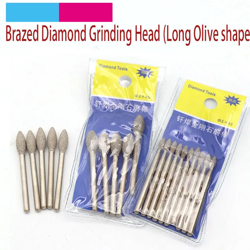 

5pcs 3mm Shank Long Olive Shape Brazed Diamond Grinding Head Burrs Carving Peeling Bits For Jade Stone Glass Metal Ceramic Mill