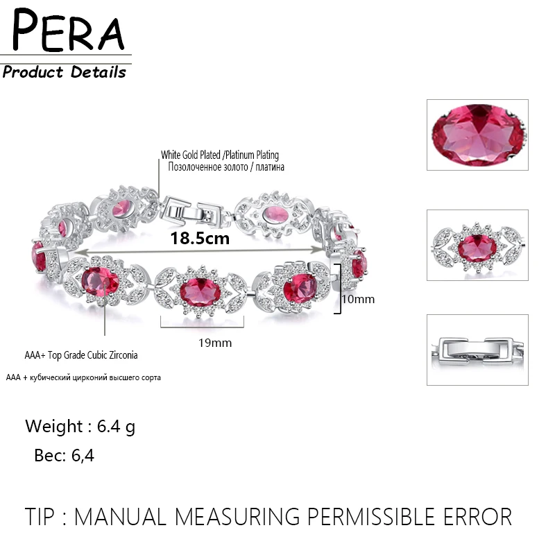 Pera Sweet 8 Color Options Fashion Ladies Jewerly Hot Pink Red Cubic Zirconia Crystal Oval Flower Charm Bracelet for Gift B073