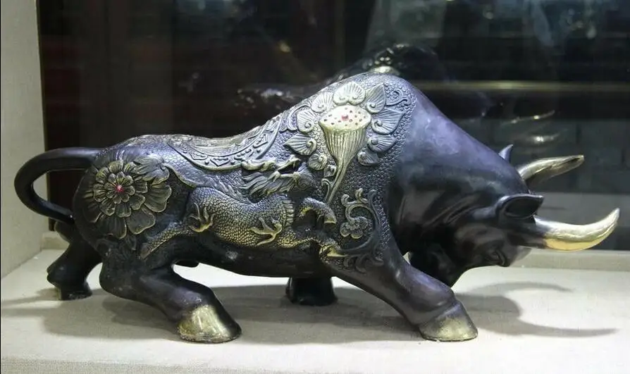 Chinese Zodiac Animal Bronze Copper Flower kylin Wealth King Need OX Bull Statue