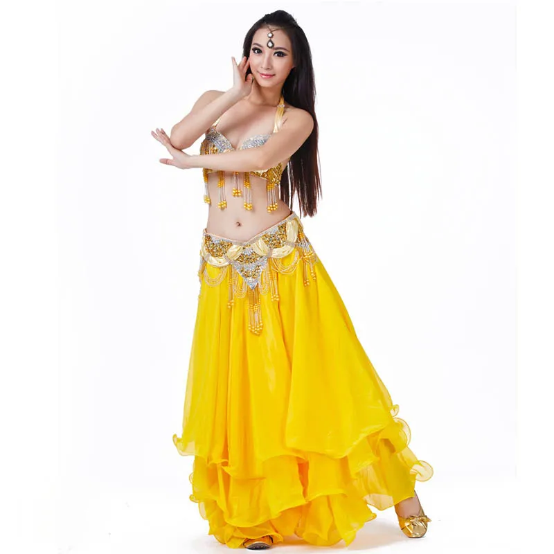 Oriental Women Belly Dance Costume Outfit Set Bra Top&Belt&Skirt  Bellydance Hip Scarf Bollywood B C Cup Handmade 3 Colors