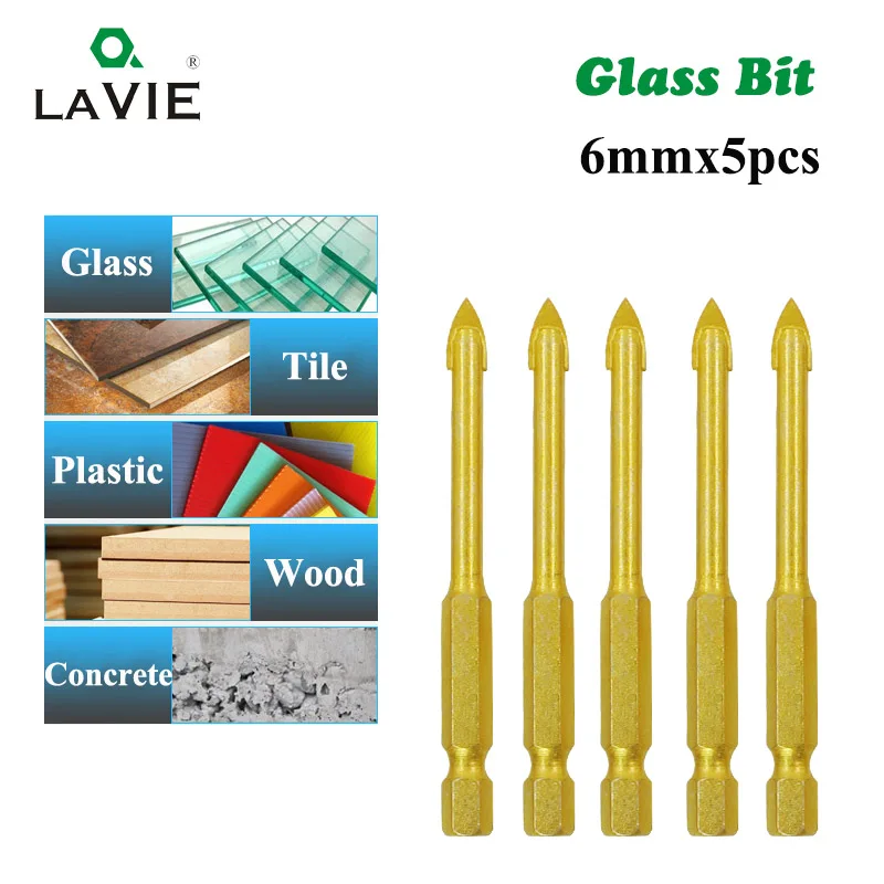 

5pcs 1/4" Hex Shank Glass Bits Titanium Coated Glass Drill Set 6mm Tile Concrete Tungsten Flat Tip Hole Bit Drilling 02011