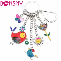 Bonsny Animal Enamel Bird Sun Flower Butterfly Key Chain Women Keyrings Gift HandBag Charms Keychain Car key Charms Jewelry