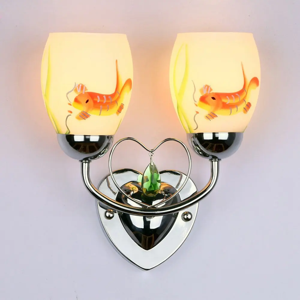 Modern Fish Painting Bedroom Bedsides wall lights Heart Chrome Base Green Crystal Creative Mirror Front Corridor Wall Sconces