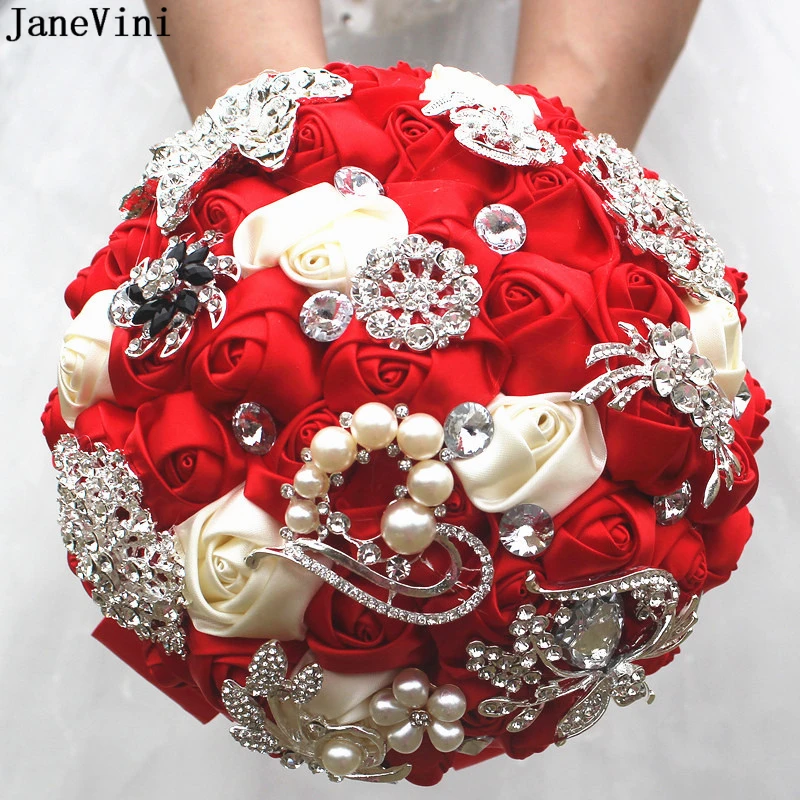 JaneVini Luxury Red Roses Bridal Bouquets Crystal Pearls Artificial Flowers Romantic Wedding Bouquet Lace Handle Bouquet Mariage