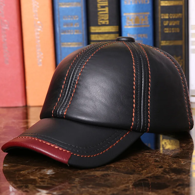 Adult Baseball Cap Male Winter Outdoor Hat Male 100% Genuine Leather Peaked Cap Men\'s Winter Warm Adjustable B-7286