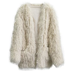 Women Long Sheep Fur Coat winter outwear fashion female pocket  jacket warm winter cold weather new arrive lamb fur knitted coat