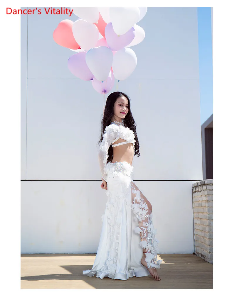 White Custom Made Children\'s Belly Dance Costume High-grade Bra+long Skirt 2pcs Luxury 2018 Large Swing Dress Oriental Dance Set