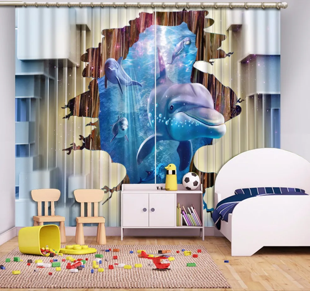 

curtains custom fashion window curtains 3D stereo Dolphins blue curtains for living room beautiful window curtains