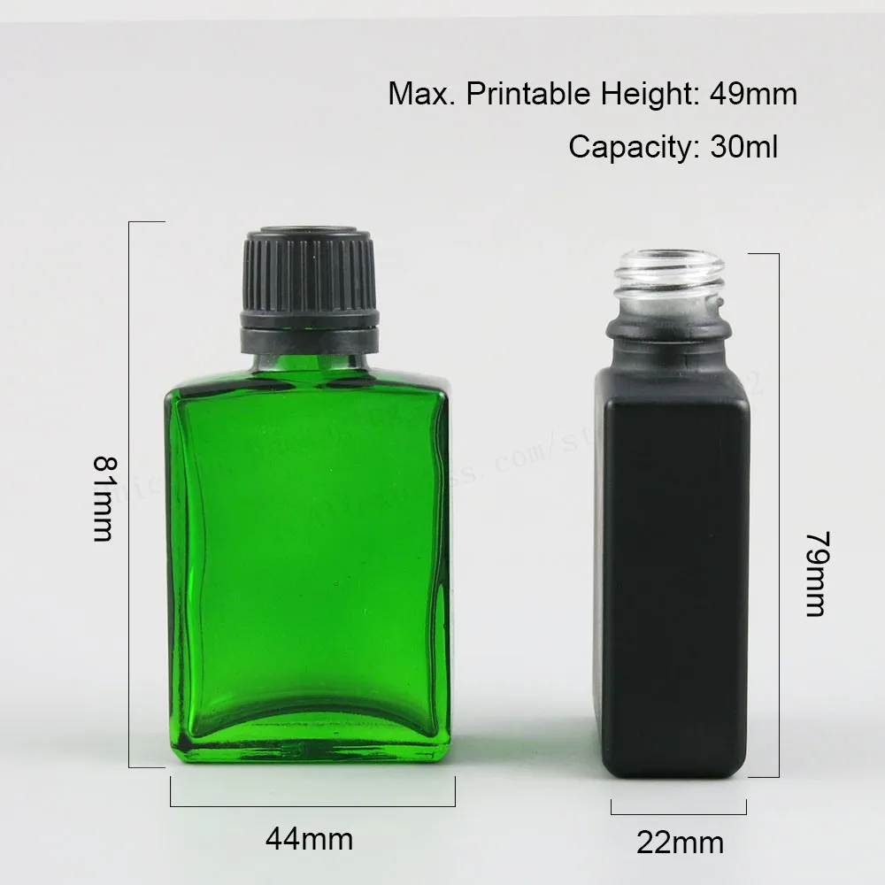 200  x 30ml 1oz Square Flat Black white clear red blue green Glass Bottle With White Black Tamper Evident Lids