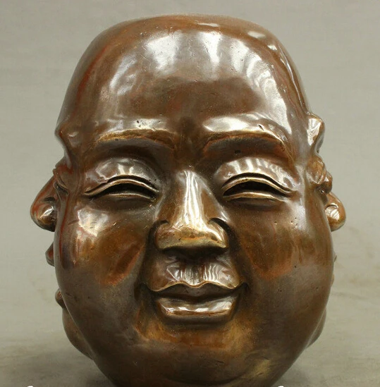 

19CM Chinese Bronze Buddhism Culture 4 Face Countenance Maitreya Buddha Head Statue