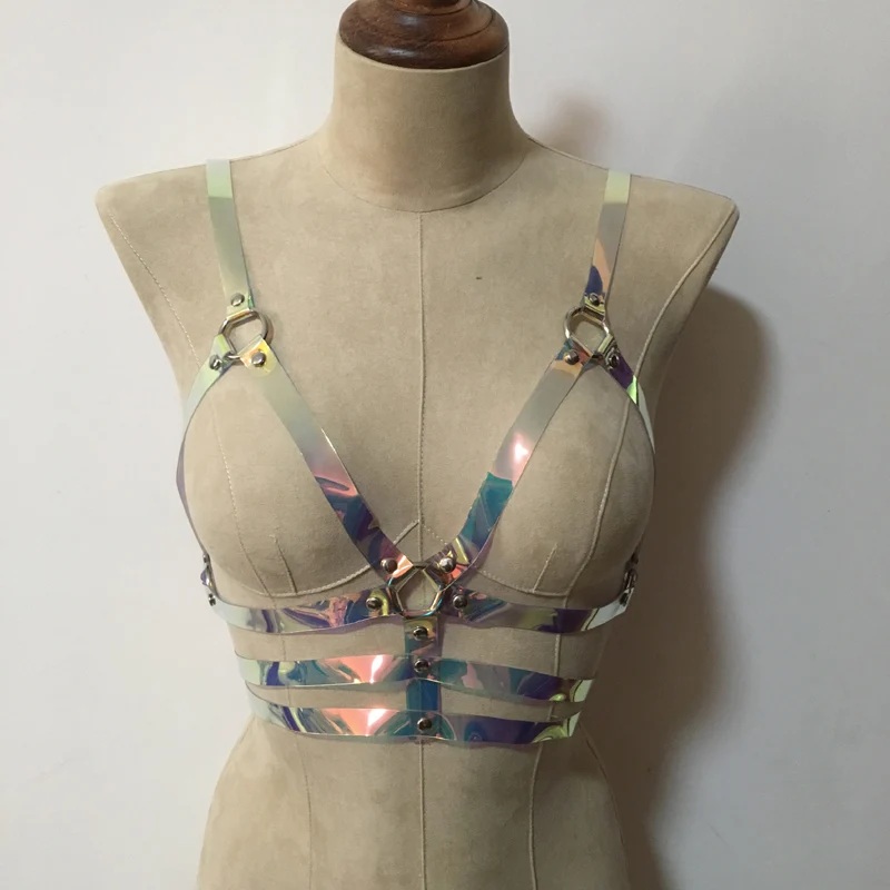 Soutien-gorge sexy en vinyle holographique unisexe, SFP, arc-en-ciel, ceinture en cage, sangles de taille pour femmes