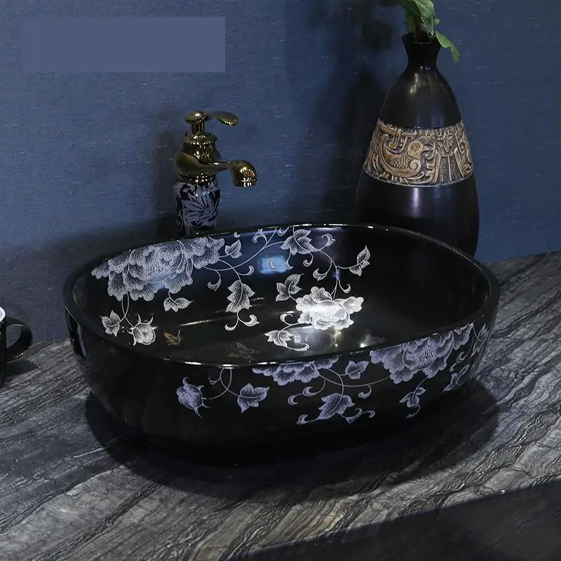 

Oval Europe Vintage Style Ceramic Art Basin Sinks Counter Top Wash Basin Bathroom Vessel Sinks wash basin sink black