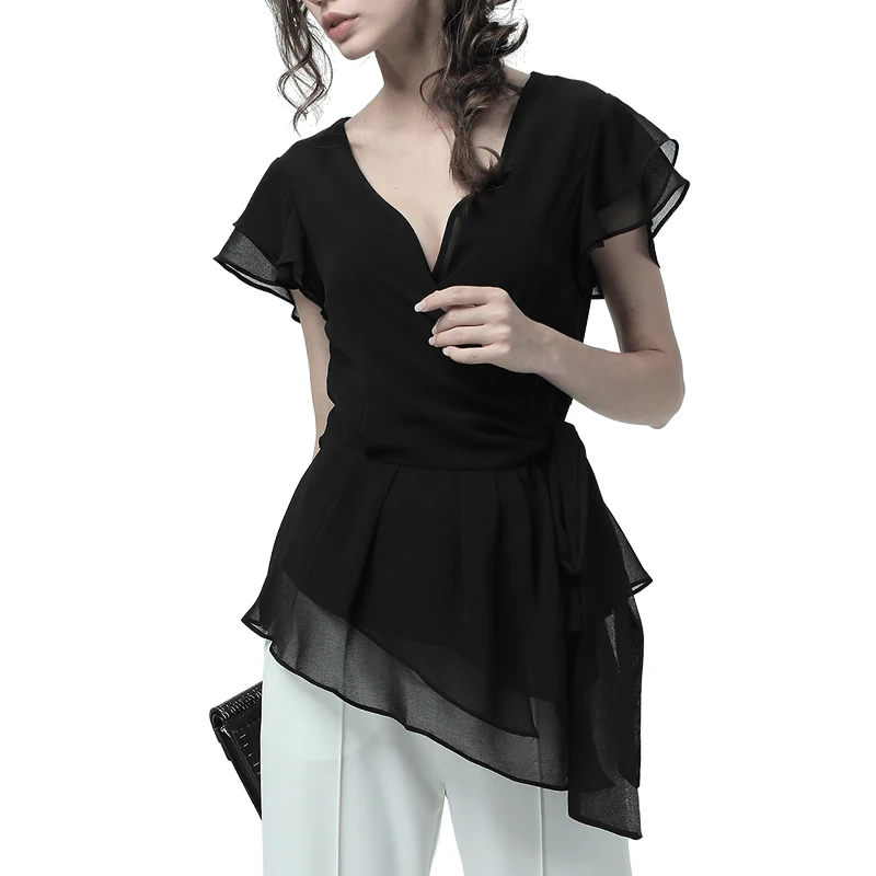 Fashion Women Summer Short Sleeve Black Chiffon Tunic Top Irregular Length V-Neck Lace-Up Elegant Flowing Casual Office Blouses