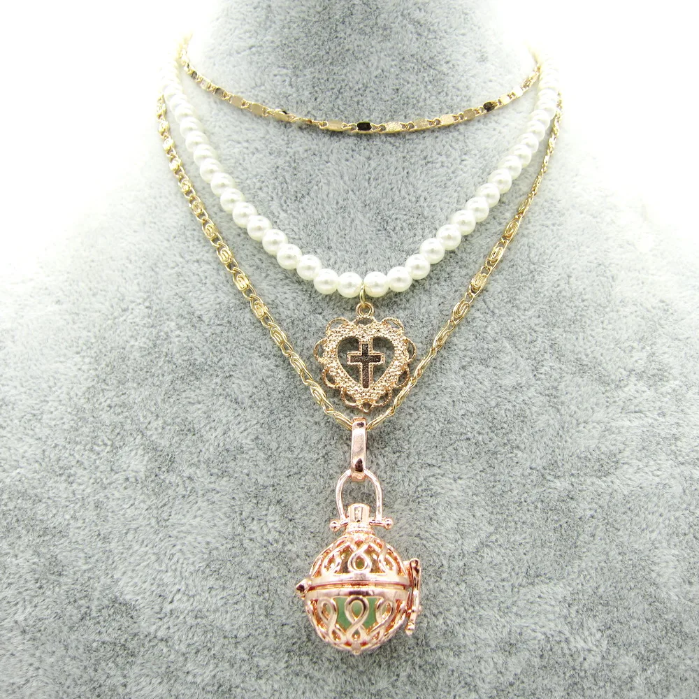 New Hot Item Immtation Pearls and Goden Chains DIY Locket Cage Cross Heart Girls`s Diffuser Choker Necklace