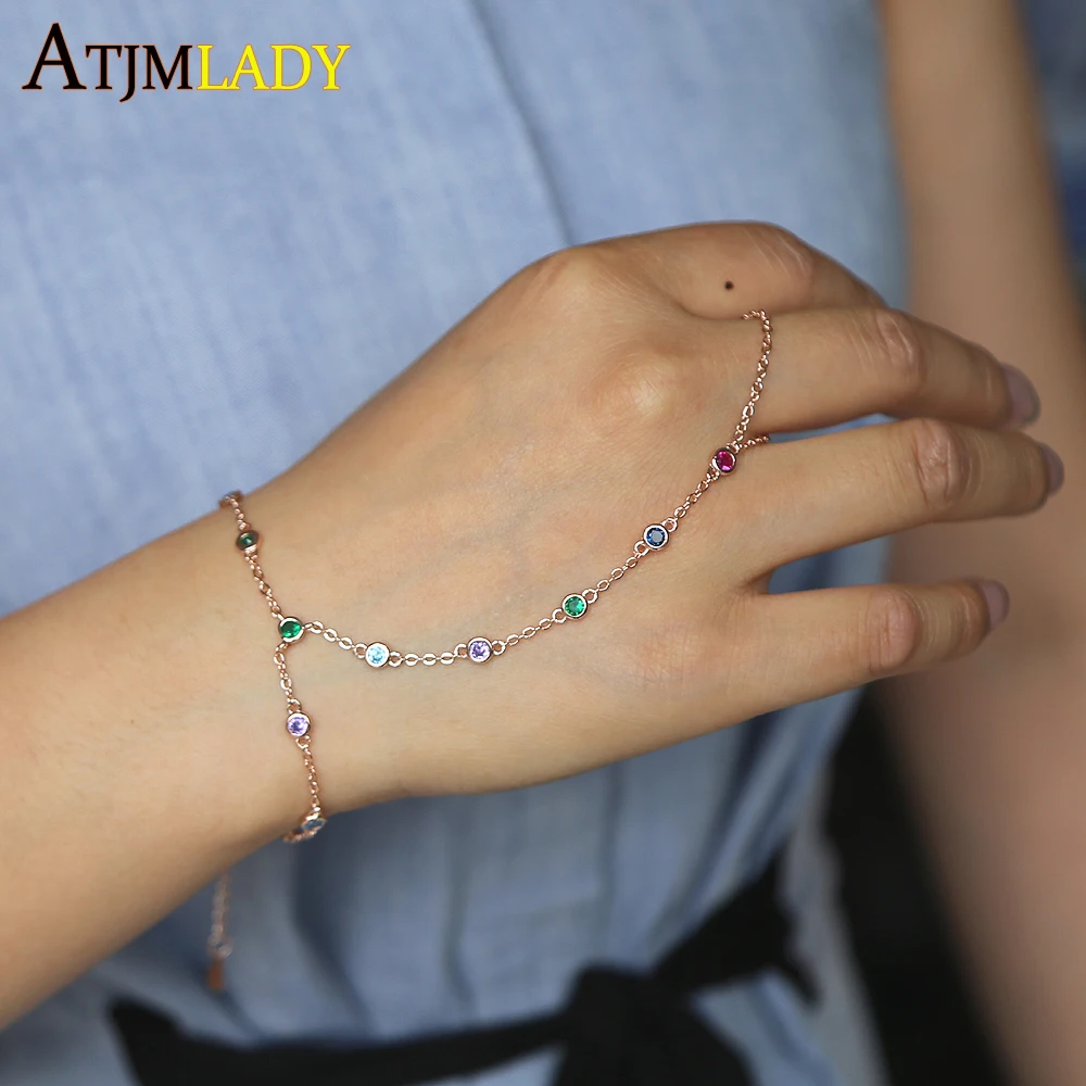 2024 fashion women wrap cz station chain bracelet colorful cz bezel chain rings bracelet for young girl wedding jewelry gift