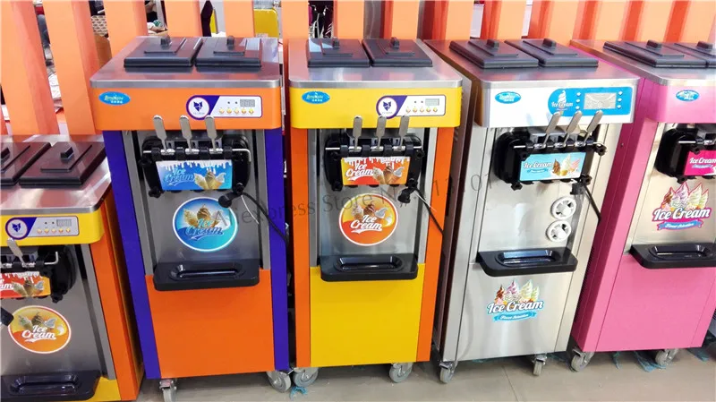 Commercial Soft Ice Cream Machine Snack Bar Soft Serve Equipment Stainless Steel Three Heads Upright Type with Universal Wheels