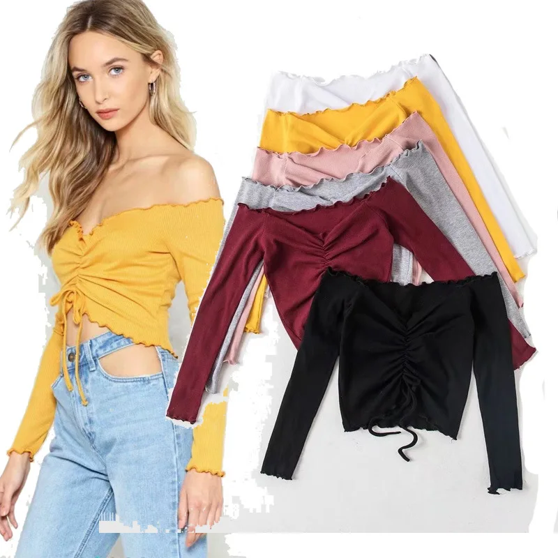 

Summer New Women Top Long Sleeve Slash Neck Pure Color Sexy T-shirt Wood Ear Off Shoulder Casual Fashion T-shirts Clothes H9190