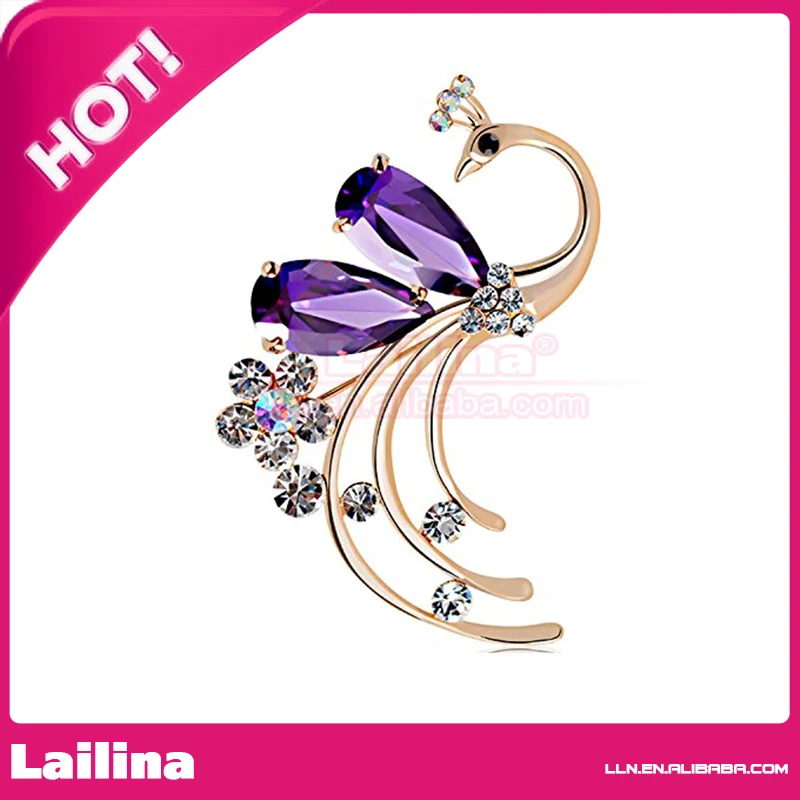 

100pcs/lot Women's Golden Tone Peacock Bird Purple Crystal Brooches And Pin