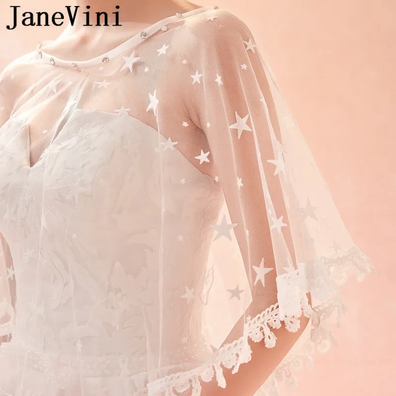 JaneVini-Bolero de boda blanco para mujer, chal con cuentas de tul, capa de noche con encaje de estrellas, envolturas de Boda nupcial, Boleros transparentes