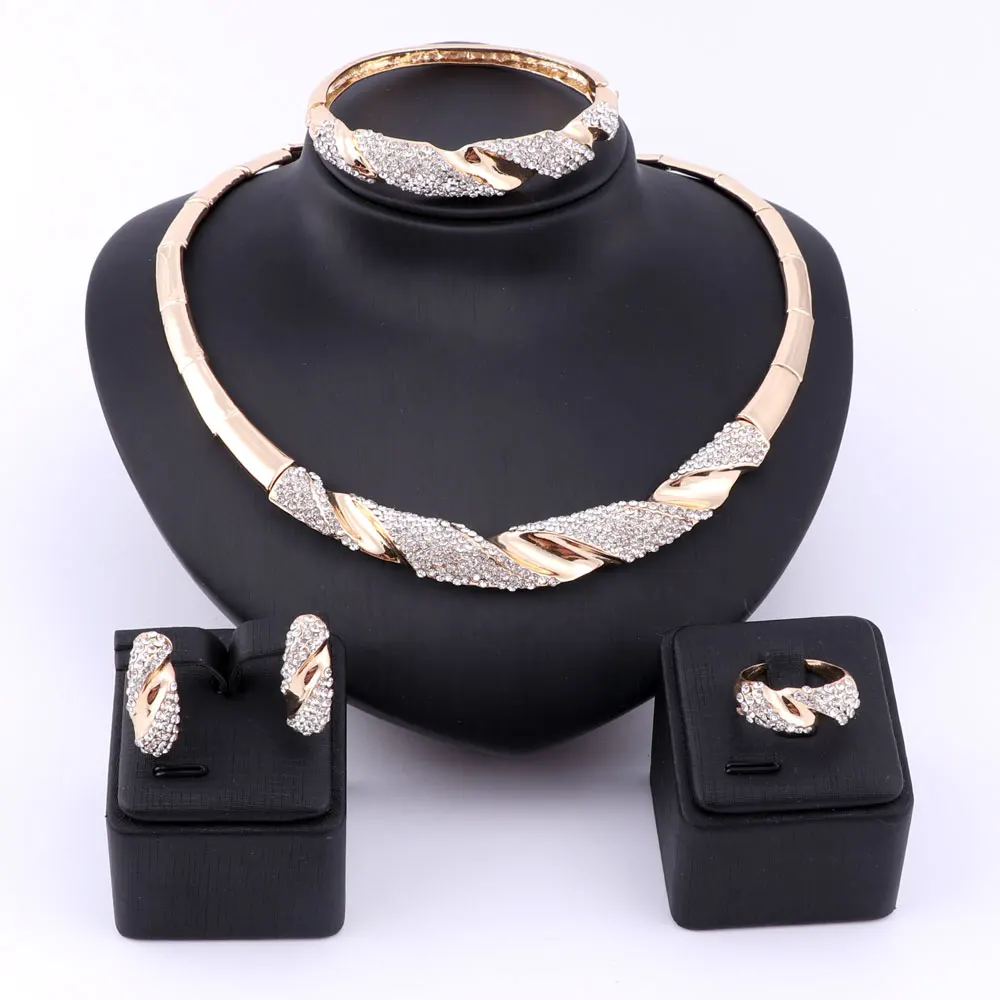 Wedding Bridal Jewellry Dubai Gold Color Crystal Women Party Necklace Bangle Earring Ring Fine African Beads Jewelry Set