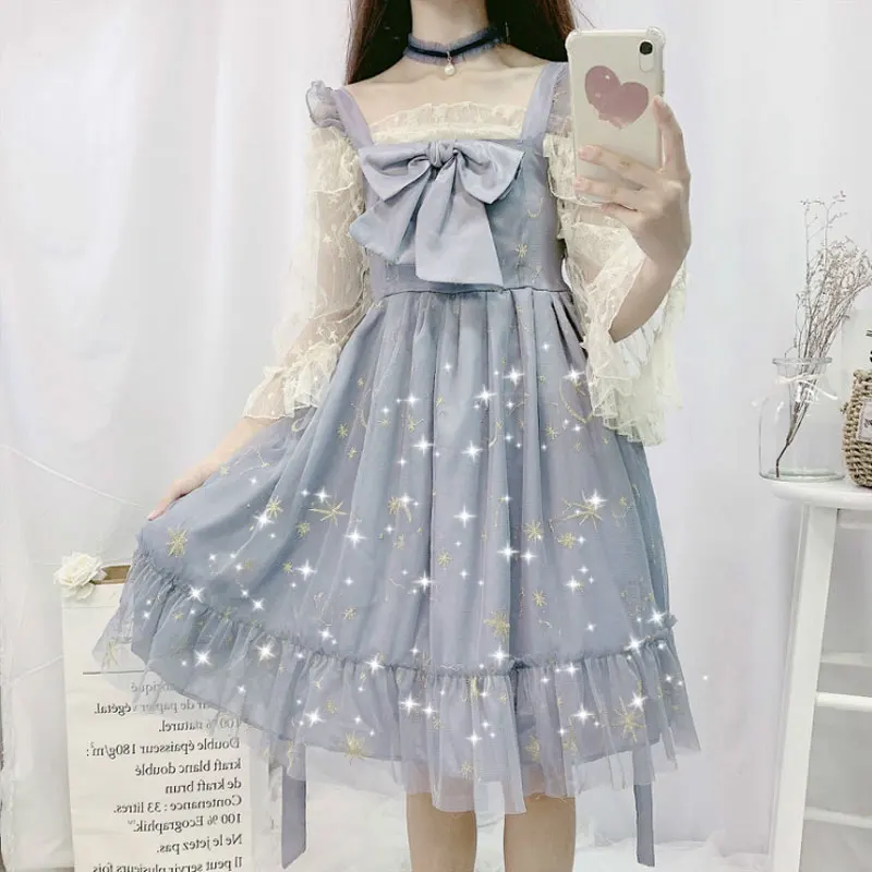 

Kawaii Japanese Lolita dress fairy dress soft sister wind cute bow star moon embroidery mesh lolita strap dress