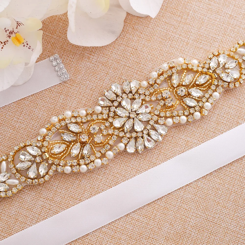 SESTHFAR  Diamond Wedding Belt Handmade Crystal Flower Bridal Belt Gold Rhinestones Belt Sash For Wedding Dresses