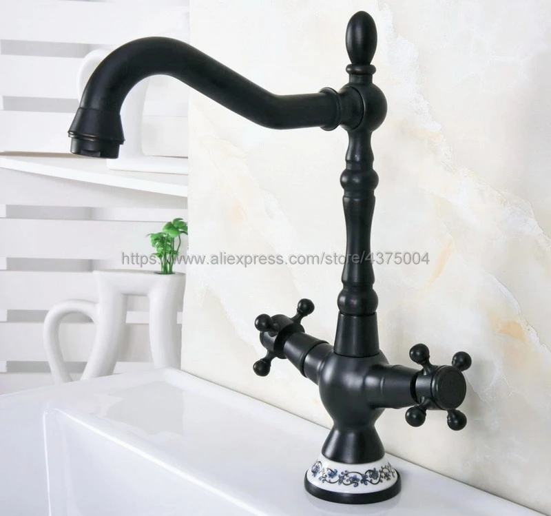 

Retro Style Double Handle Kitchen Faucet Tap Oil Rubbed Bronze Hot and Cold Water Tap 360 Degree Rotating Nnf646