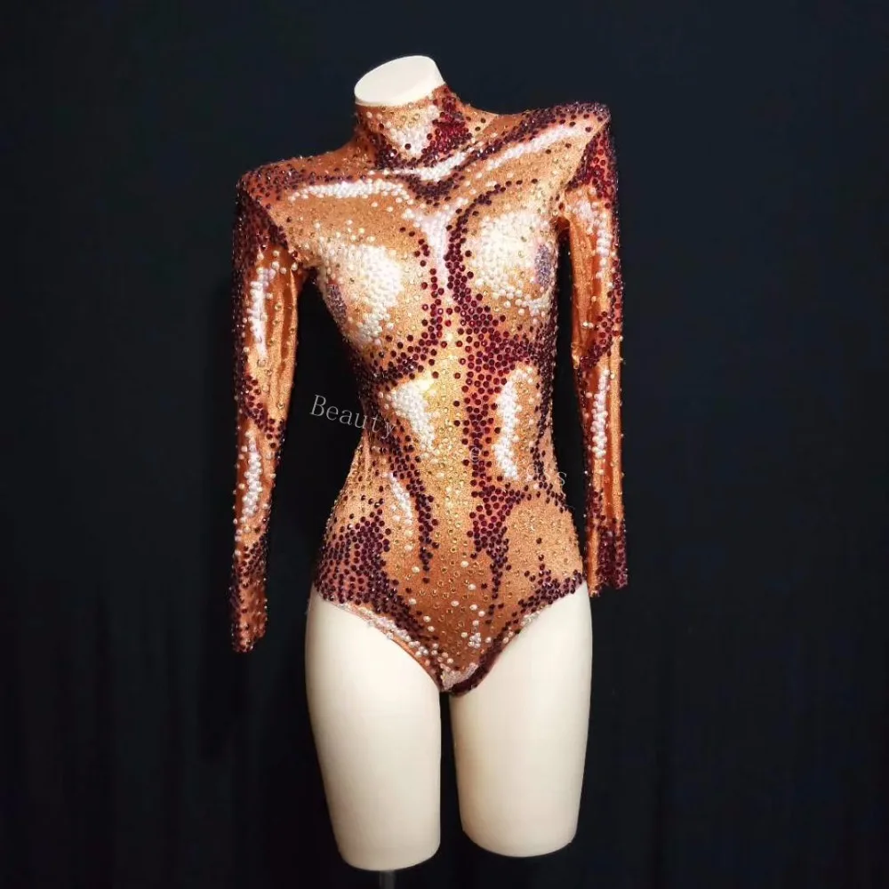 Sparkly Contas AB Laranja Bodysuit Sexy Grande Trecho Roupa Boate Brilhando Strass Traje DS Cantora Dança Collant