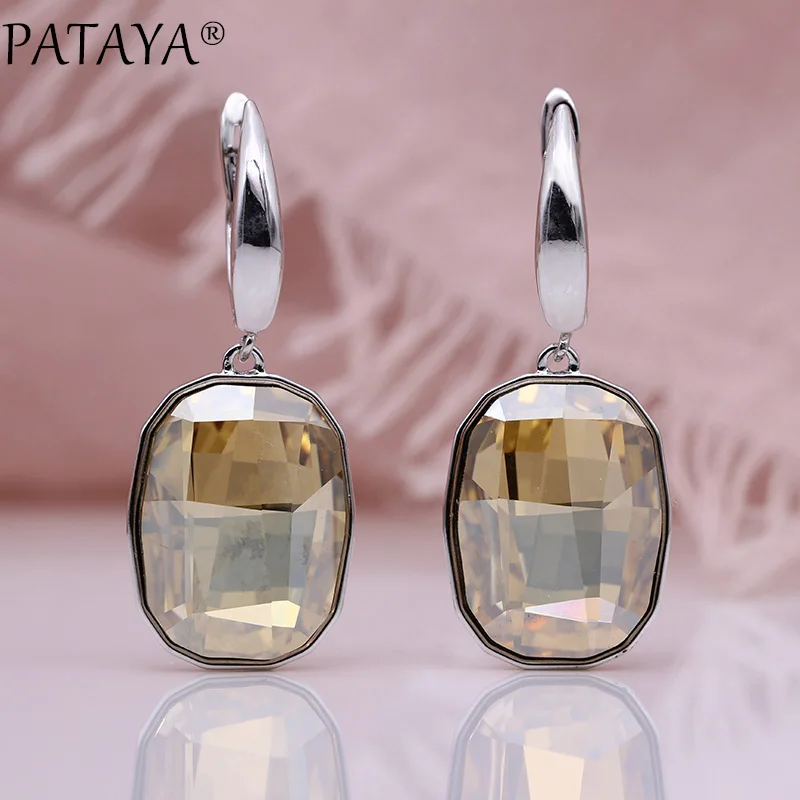 PATAYA New Austria Crystal Long Earrings Women Luxury Fine Fashion Jewelry White Gold Color Purple Square Oval Dangle Earrings